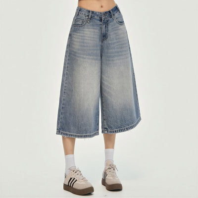 Women's Summer Gradient Washed Wide-Leg Denim Capri Pant