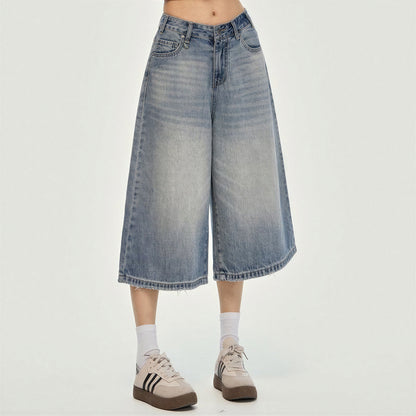 Women's Summer Gradient Washed Wide-Leg Denim Capri Pant