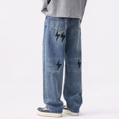 Men's Spring Washed Blue Black Lightning Wide Leg Jeans