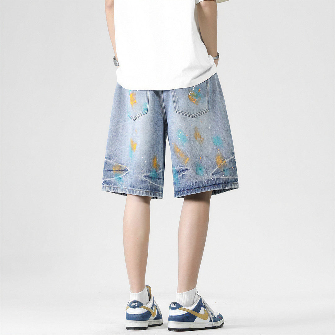 Men's Summer Colorful Splash Ink Washed Baggy Denim Shorts