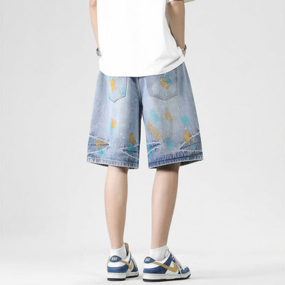 Men's Summer Colorful Splash Ink Washed Baggy Denim Shorts