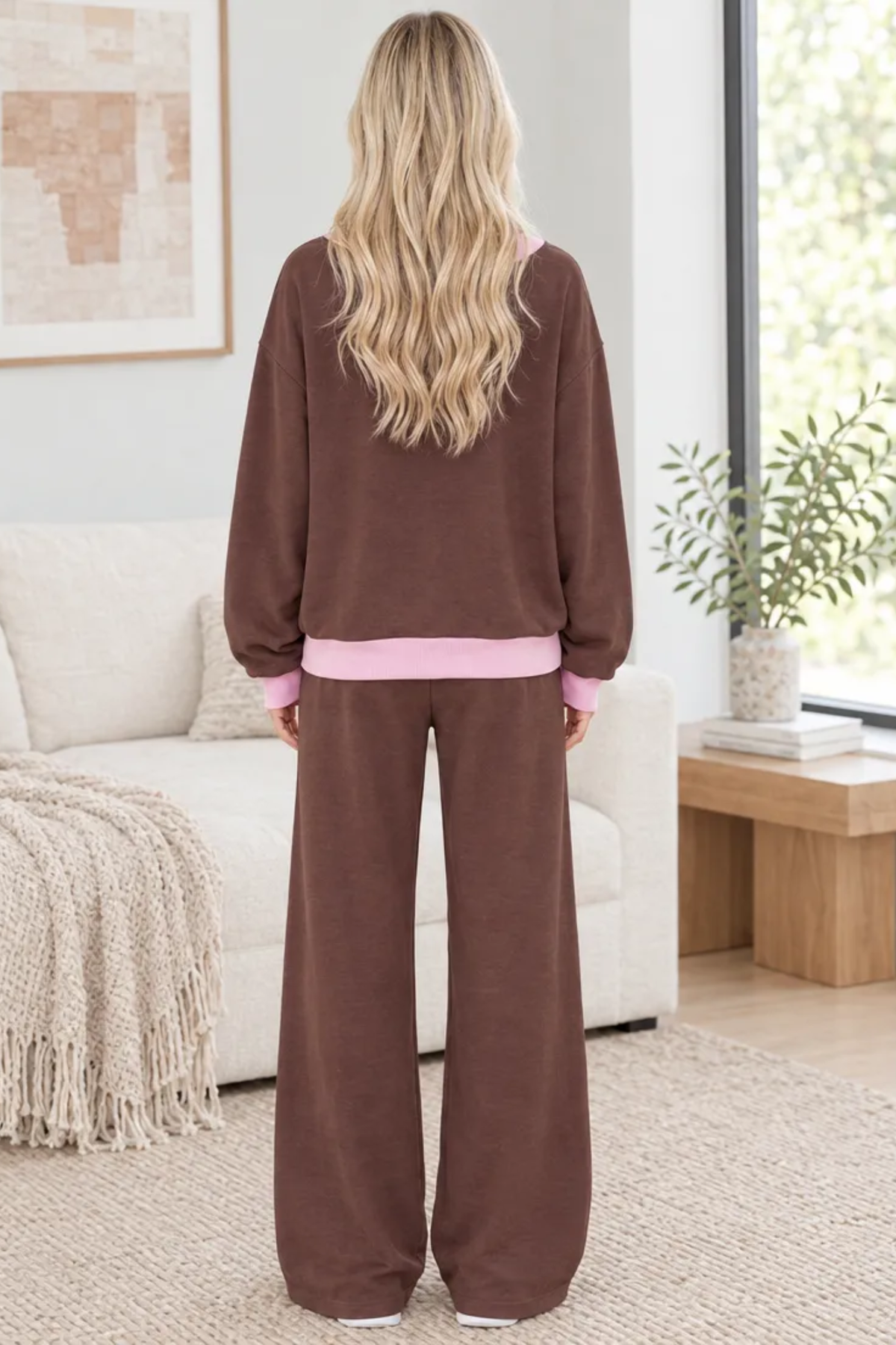 Women's Fall Color Trim Drawstring Loose 2 Piece Set
