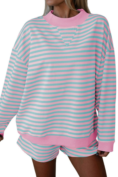 Women Summer Stripe Lounge Sweatshirt and Shorts Set