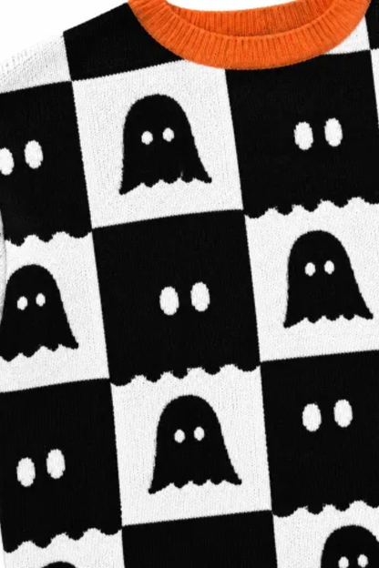 Women Fall Halloween Ghost Checkerboard Short Sleeve Top
