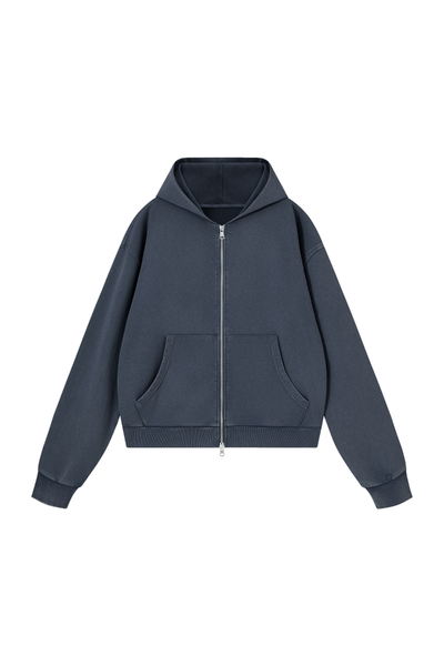 Men Fall Washed Vintage Boxy Double Zip Hoodie