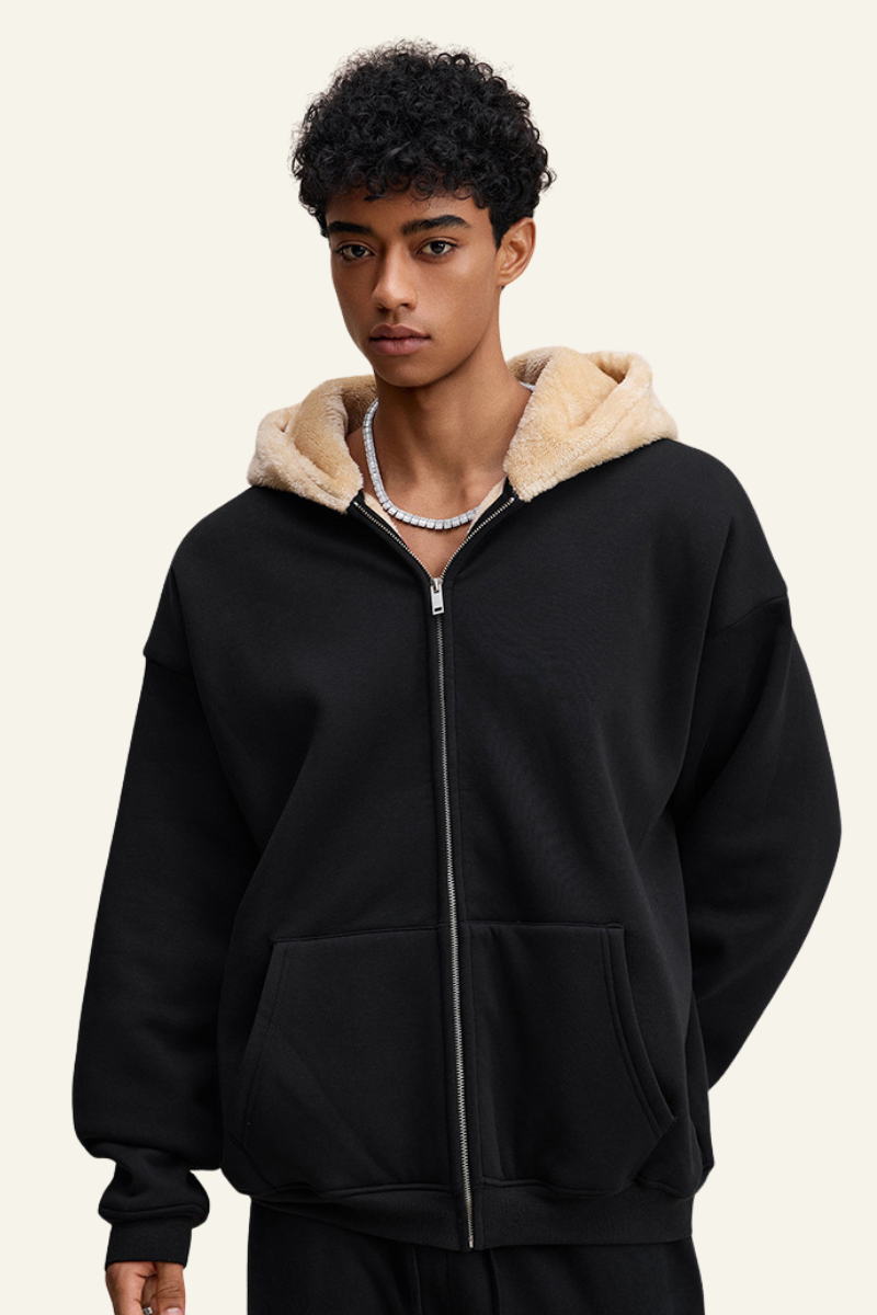 Men's Streetwear Brand Fleece-Lined Hooded Jacket