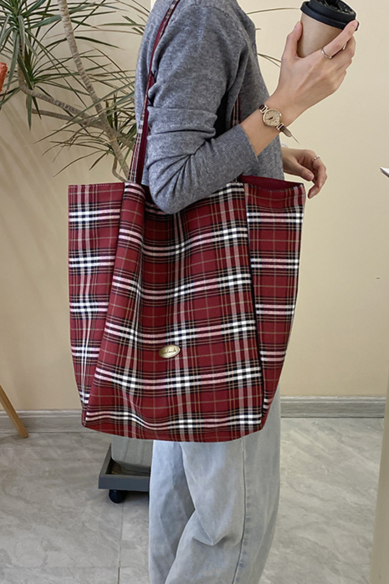 Women Fall Reversible Leopard Plaid Large Capacity Tote Bag