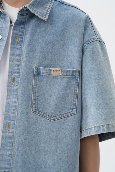 Men's Spring Summer Washed Denim Short Sleeve Japanese Loose