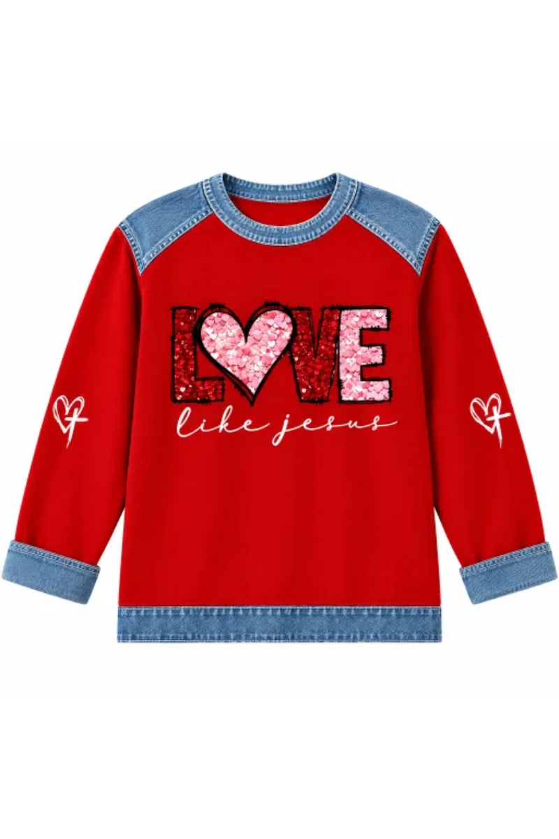 Women Fall Clothing Denim Plaid Patchwork Sweatshirt