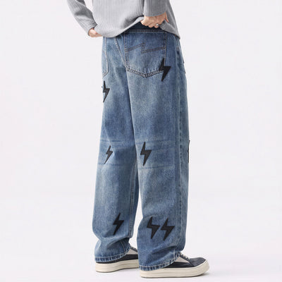 Men's Spring Washed Blue Black Lightning Wide Leg Jeans