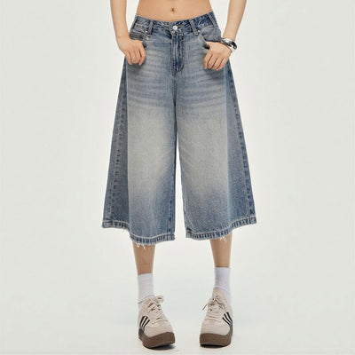 Women's Summer Gradient Washed Wide-Leg Denim Capri Pant