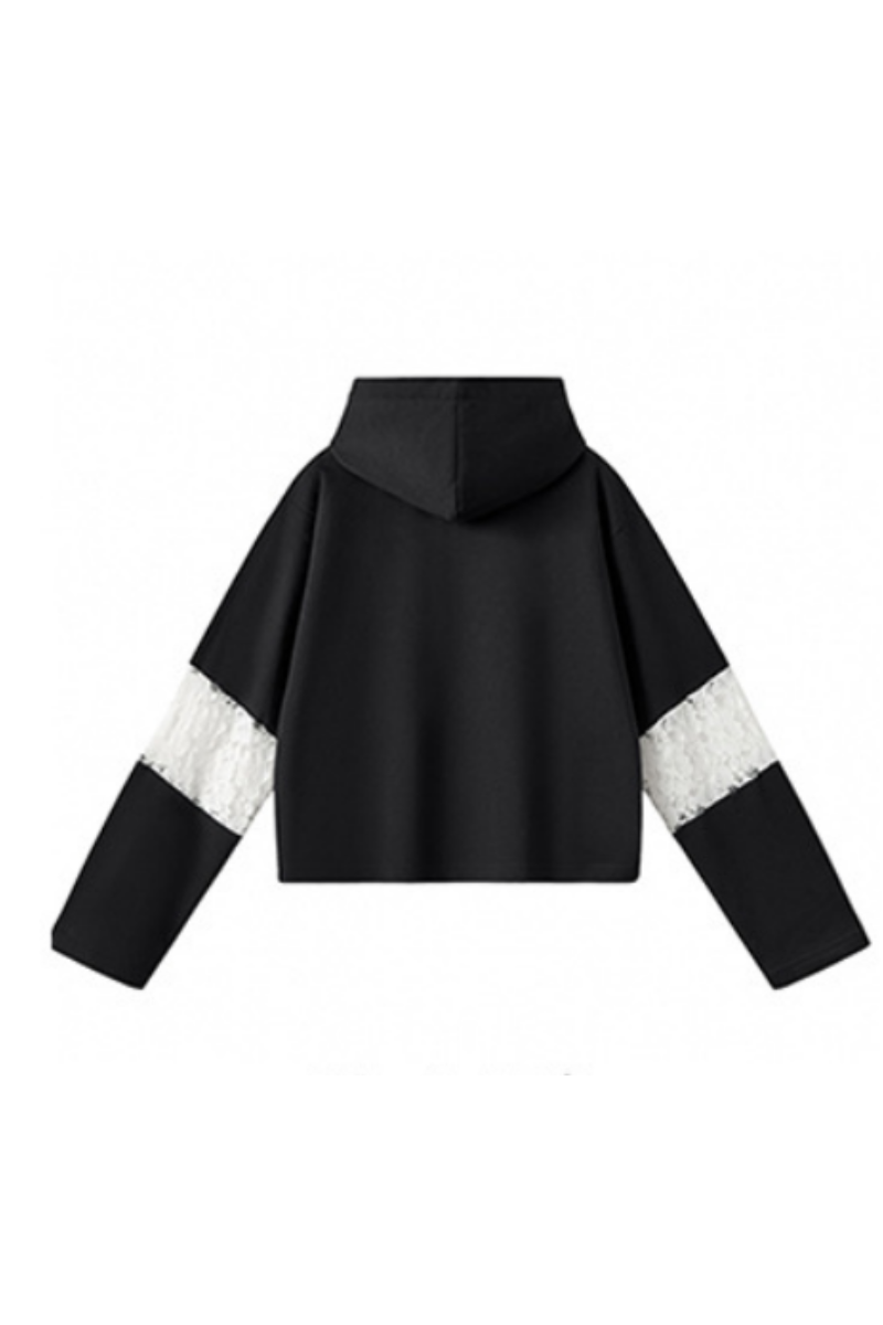 Women Fall Lace Sleeve Cropped Drawstring Pullover Hoodie
