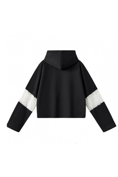 Women Fall Lace Sleeve Cropped Drawstring Pullover Hoodie