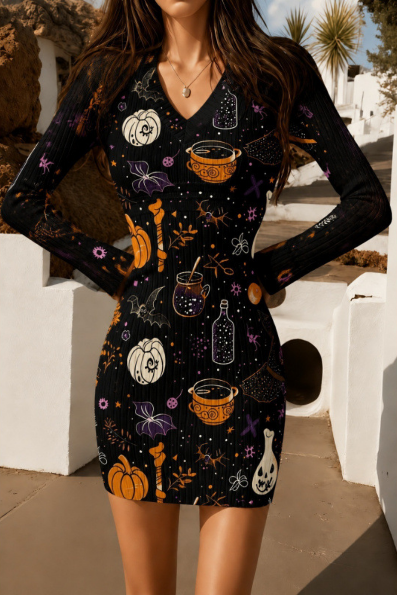Women Fall Halloween Pumpkin Ribbed Bodycon Mini Dress
