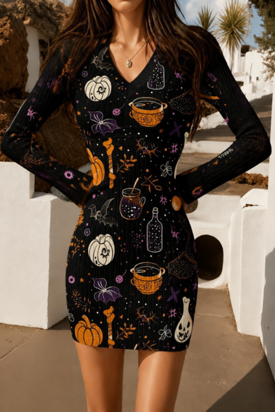 Women Fall Clothing Halloween Pumpkin Ribbed Bodycon Dress