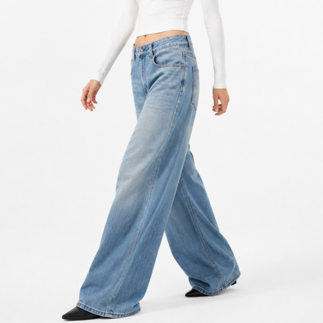 Women's 100% Cotton High Waist Wash Wide Leg Jeans