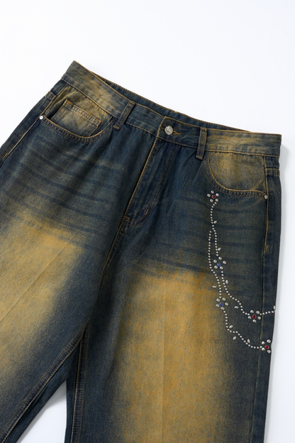 Men's Chain Rhinestone Washed Blue Yellow Fade Wide Jeans