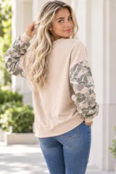Women Fall Clothing Camo Sleeve Soft Mock Neck Sweatshirt
