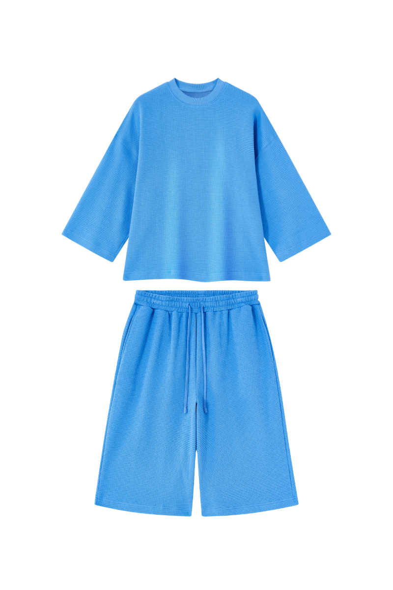 Men Spring Waffle Knit Loose Casual Top and Shorts Set