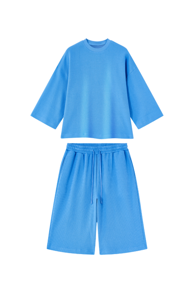 Men Spring Waffle Knit Loose Casual Top and Shorts Set