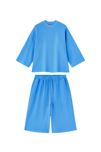 Men Spring Waffle Knit Loose Casual Top and Shorts Set