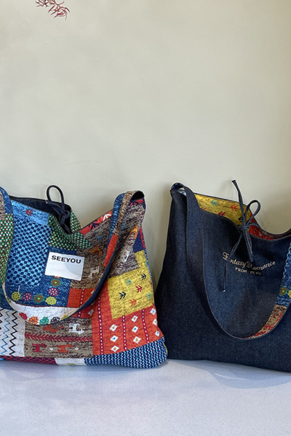 Women Fall Ethnic Patchwork Large Capacity Shoulder Bag