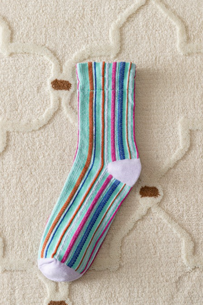 Women Fall Vintage Colorful Striped Stretch Mid Calf Socks