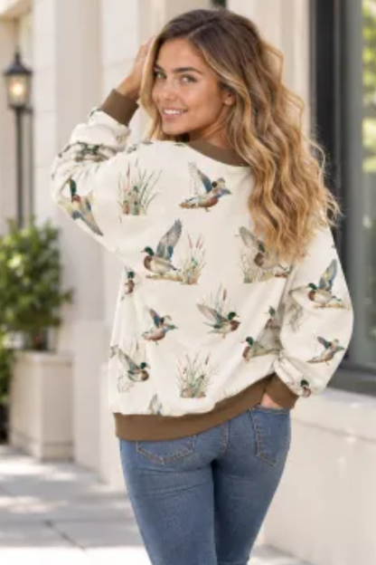 Women Fall Clothing Western Floral Print Crew Sweatshirt