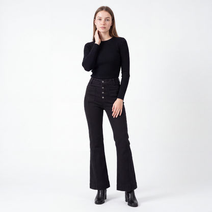 Women's Black High Waist Button Fly Stretch Flare Jeans