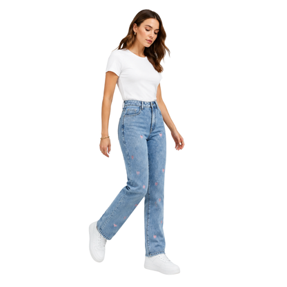 Women's Pink Heart Embroidered Straight Leg Jeans