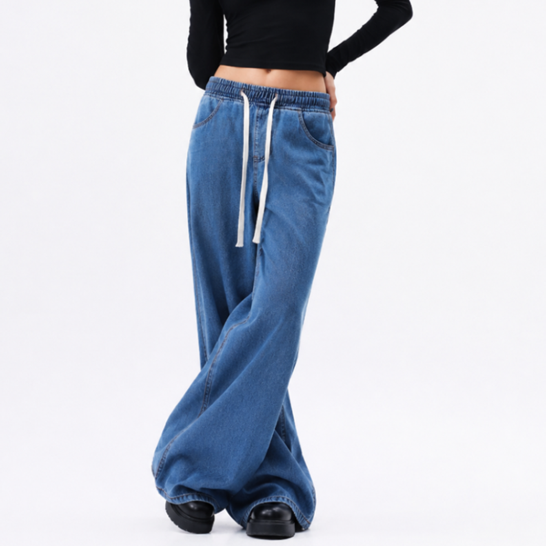 Women's Drawstring Waist Wide Leg Jeans