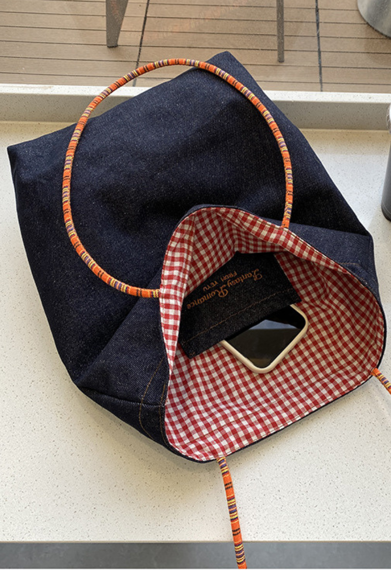 Women Fall Vintage Denim Plaid Reversible Shoulder Tote