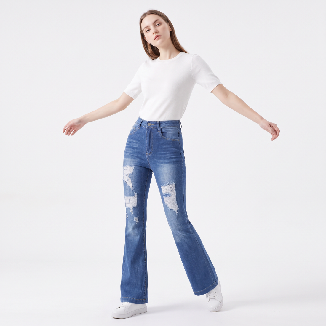 Women's High Waist Ripped Distressed Stretch Flare Jeans