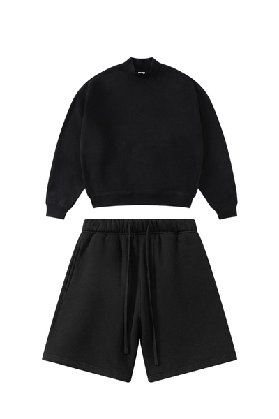 Unisex Winter Boxy Fleece Mock Neck Straight Shorts Set