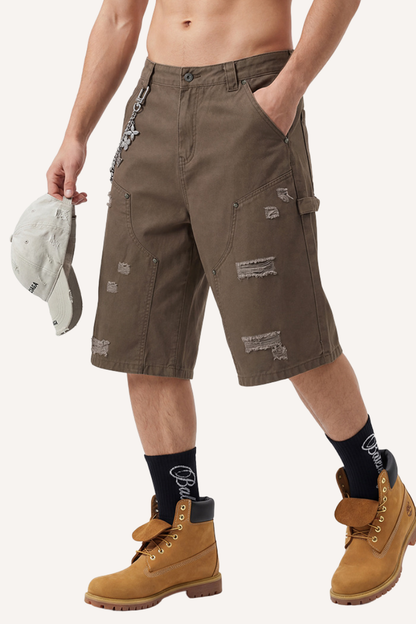 Men's Summer Retro Cargo Ripped Loose 7/8 Washed Shorts