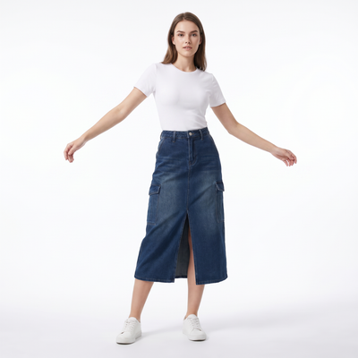 Women's High Waist Front Slit Denim Midi Skirt