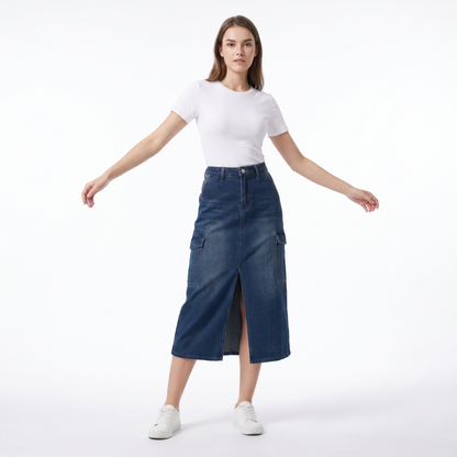 Women's High Waist Front Slit Denim Midi Skirt