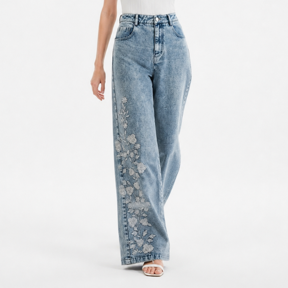 Women's High Waist Floral Embroidered Wide Leg Jeans