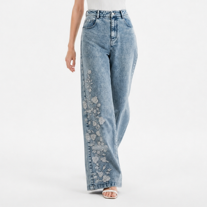 Women's High Waist Floral Embroidered Wide Leg Jeans