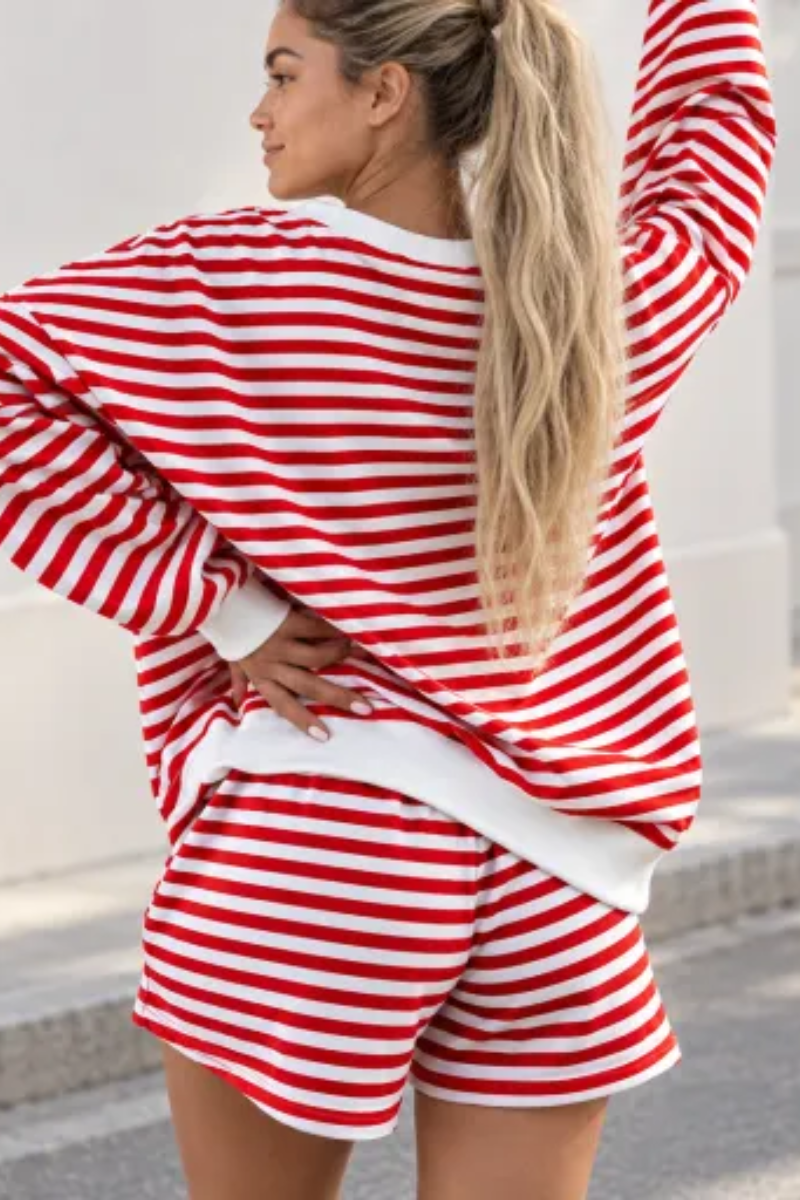 Women Spring Striped V Neck Lounge Top and Shorts Set