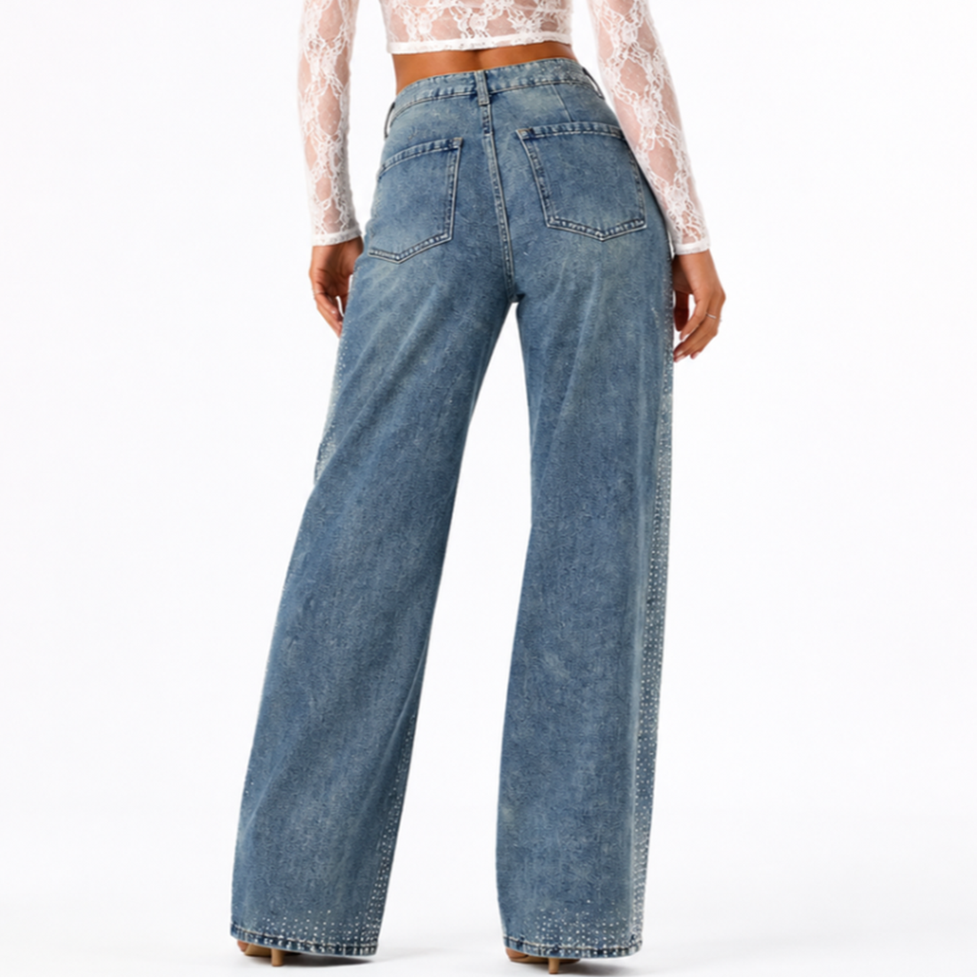 Women's High Waist Rhinestone Embellished Straight Leg Jeans