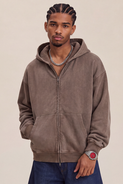 Men Fall Clothing Snow Wash Brushed Fleece Zip Hoodie