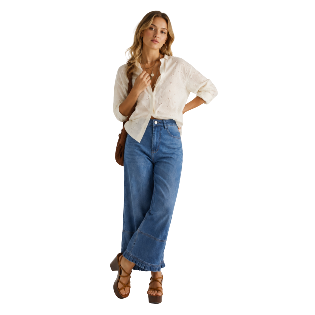 Women's High Waist Wide Leg Jeans with Ruffle Hem