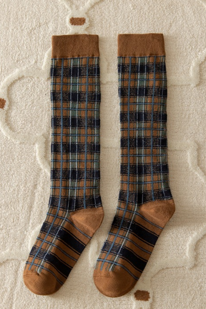Women Fall Vintage Plaid Stretch Knee High Dress Socks
