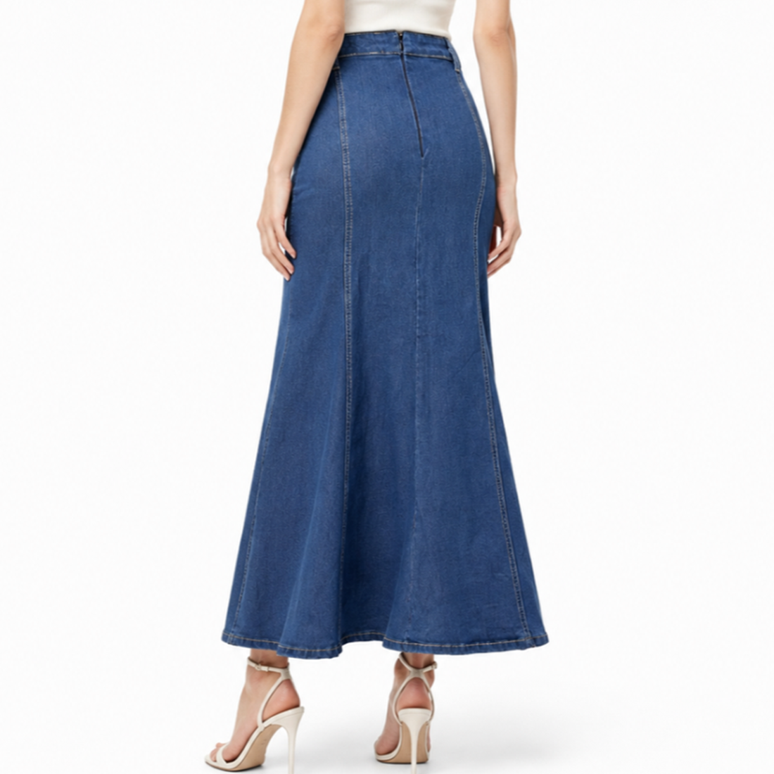 Women's High Waist Vintage Wash Fishtail Long Denim Skirt