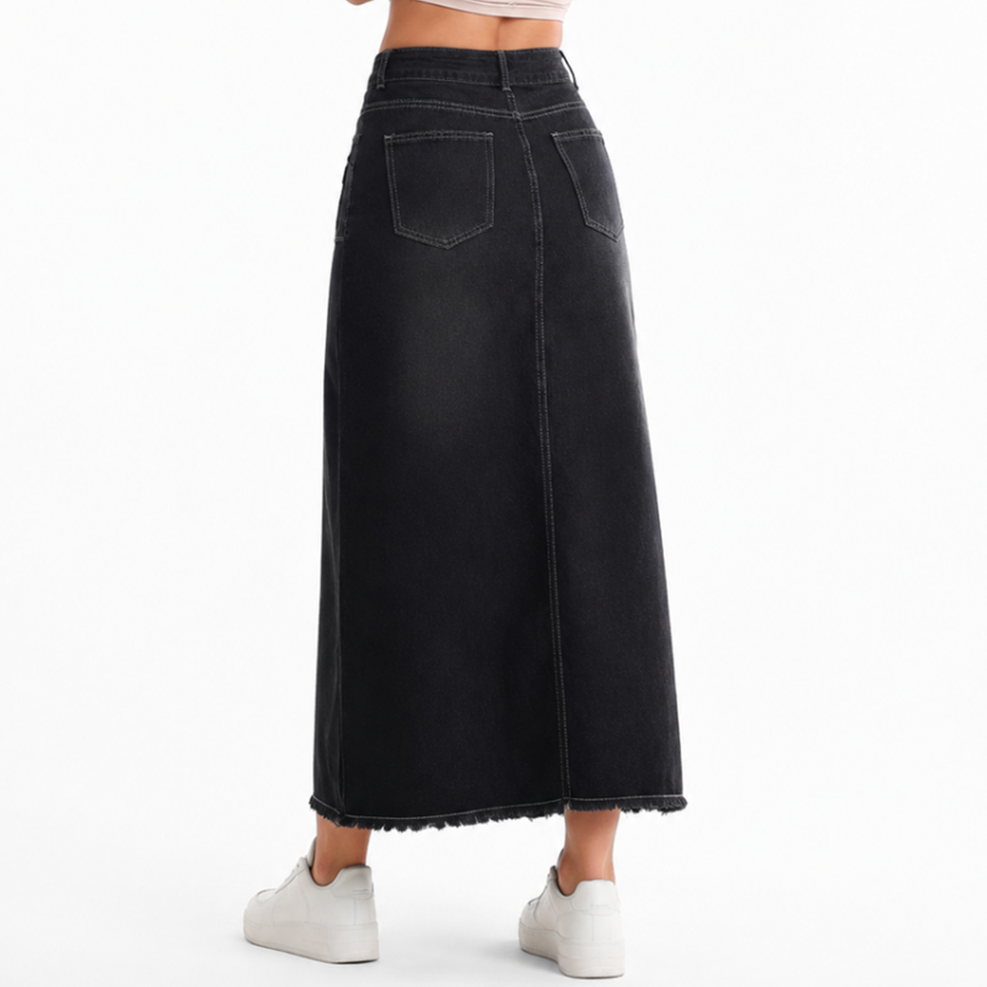 Women's High Waist Button Fly Denim Maxi Skirt