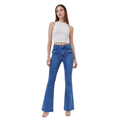 Women's High Waist Flare Jeans with Button Front Pockets