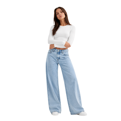 Women's High Waist Light Blue Straight Wide Leg Jeans