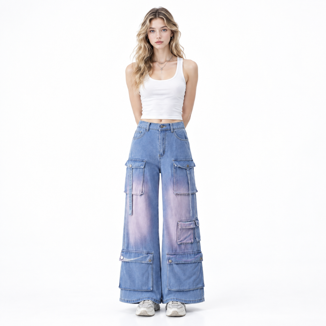 Women's Multi-Pocket High Waist Cargo Wide Leg Jeans