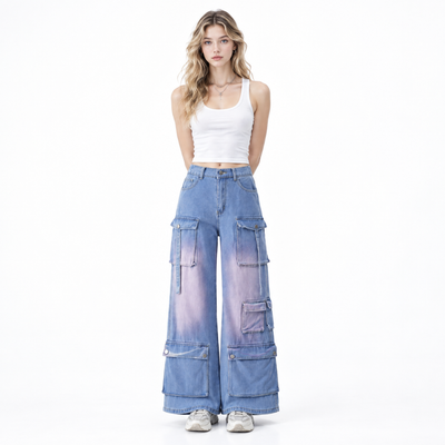 Women's Multi-Pocket High Waist Cargo Wide Leg Jeans